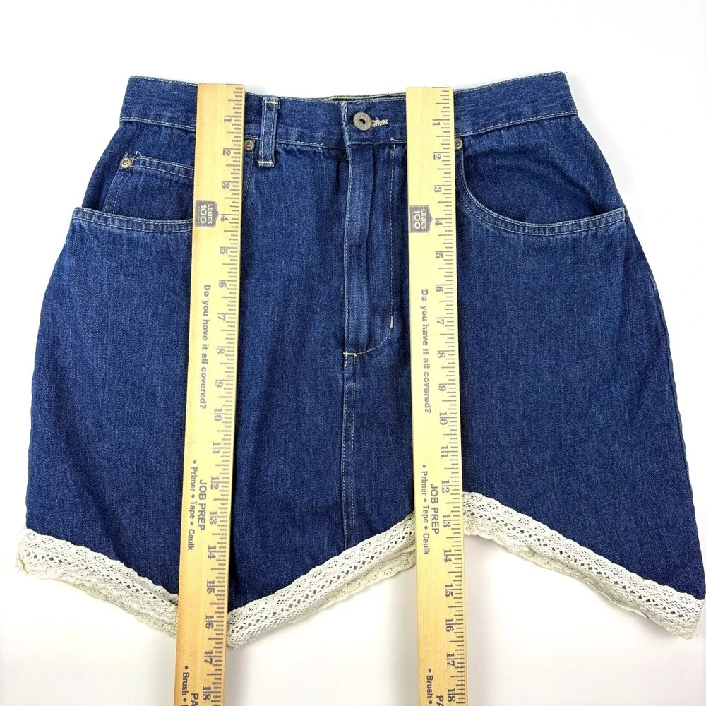 Vtg Y2K Sonoma Denim Skirt Girls Sz 10 Blue Lace Trim Asymetrical Hem Cowboy SEE